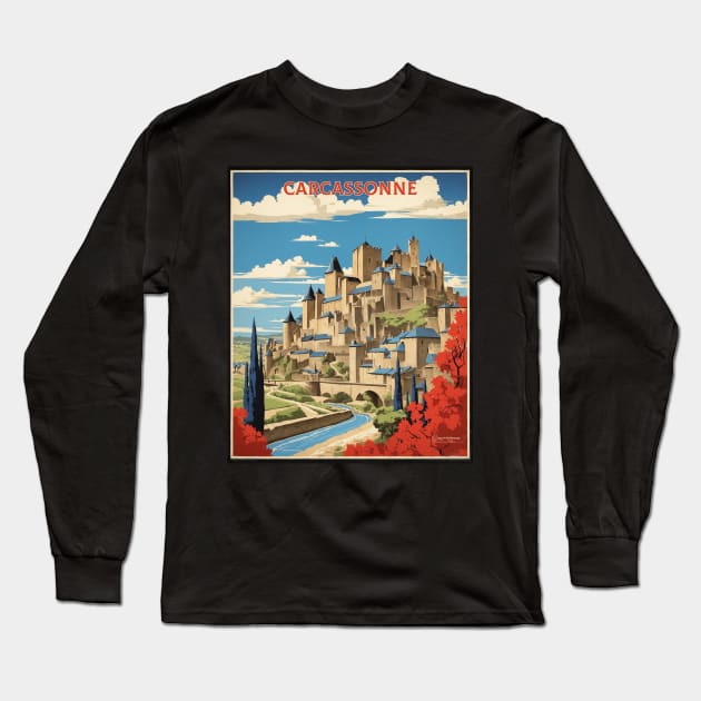 Carcassone France Vintage Poster Tourism Long Sleeve T-Shirt by TravelersGems